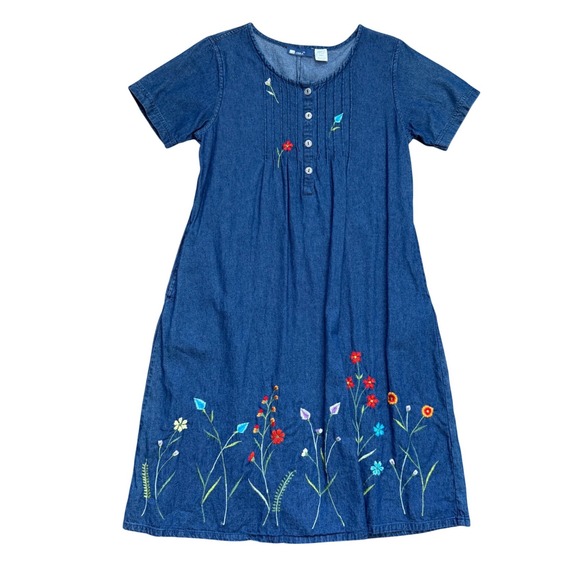la cera Dresses & Skirts - Vintage Denim Floral Embroidered Dress Small Cottage Prairie Blue Cotton Western